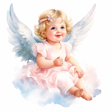 delightful watercolor image, full body cute newborn baby angel girl on white background, she is sitting on a cloud in pink dress and smiling gently. She has sparkling blue eyes twinkled with wonder and blond curls on her head, professional watercolor clipart, high resolution