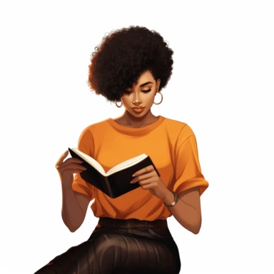 gorgeous black woman clipart, studying the bible sipping a coffee, pixie cut hairstyle, peach blouse, dark brown skinned, melanin, white background
