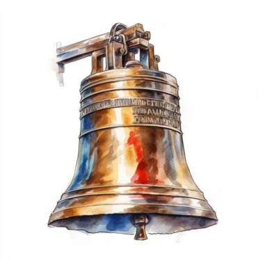 Liberty Bell: Create clipart of the historic Liberty Bell, an iconic symbol of American independence, Experiment with different angles and perspectives to capture the details and intricacies of the bell, delicate detail, watercolor, in the style of artgerm, 2d game art, quadratura, clipart, on white background,