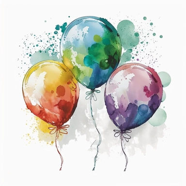 Watercolor clipart of 3 colorful balloons with spinning ribbons on each balloon. The clipart features vector illustration with a symmetrical design on a white background. There is no text, watermark, extra ribbon, blurring, ugliness, or deformities present. v4