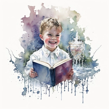 First Communion ,Boy, Bible, Rosary, Chalice, smile, splash, watercolor by Thomas W.Schalle, clipart, white background