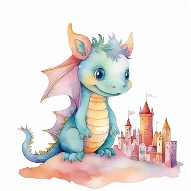 Cute happy Watercolor city Baby Dragon Clipart, on a white background--s 1000
