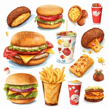 fastfood, clipart set, pizza, donut, hot dog, hamburger, cheeseburger, ice cream, popcorn, isolated on white background