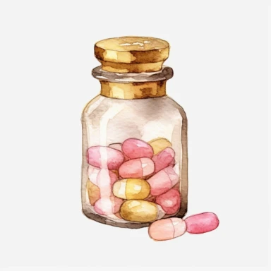 sweet pink and gold hand-painted in watercolors, pill bottle clipart, medicine pill clipart, medicine tablet clipart, isolated white background, single design, sharp, bold , sweet pink, cream, gold, hand-painted watercolor