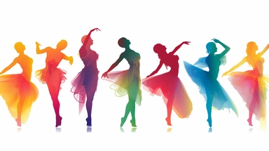 Colorful Simplistic Multiple Ballerina clip art of Female Dancers. Elegant Sophisticated Image depicting happy female dancer concentrating. No rouge faces. Each element of the Design is to be individual and totally separated and isolated on White Background, 2d Vector Clip Art for use in other designs