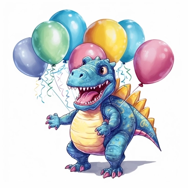 a T-Rex cartoon character holding colorful balloons for a birthday party, glamorous , Gouache, white background with margins, Clipart style