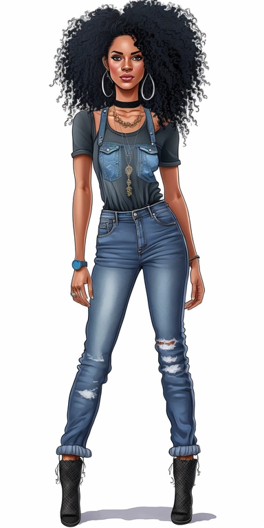 Full body isolated beautiful happy black woman wearing bodysuit tshirt and blue jean pants, black casual boots, intricately detailed long black loose curly black hair, bandana around her forehead, large hoop earrings, clipart, Fashion Illustration, contour, white background