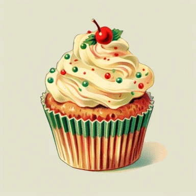 vintage Christmas cupcake clipart, with frosting, sprinkles, candy, m’n’ms, 1940s , chromolithograph, on a cream colored background