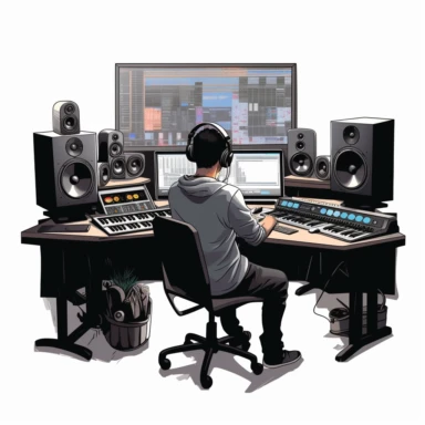 clipart image in grey color on white background of a music producer in his home music studio stiitng behinf hte studio table with computer screen and studio monitors on the desk