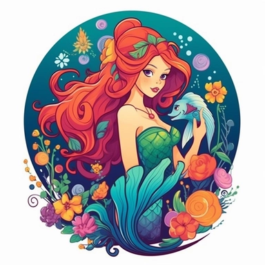 Create a vector clipart that emulates the Disney art style, showcasing a mermaid akin to Ariel from 'The Little Mermaid.' The mermaid should bear a stylish and dynamic design, complete with a vibrant, colorful mermaid tail. An emblem should be woven into the design, retaining harmony with the overall look while maintaining prominence, flowers, fish
