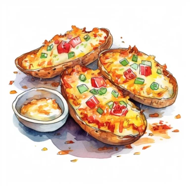 watercolor detailed illustration of Loaded potato skins with cheese, clipart, white background