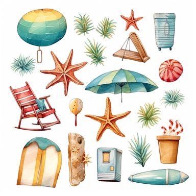 watercolor summer beach items clipart