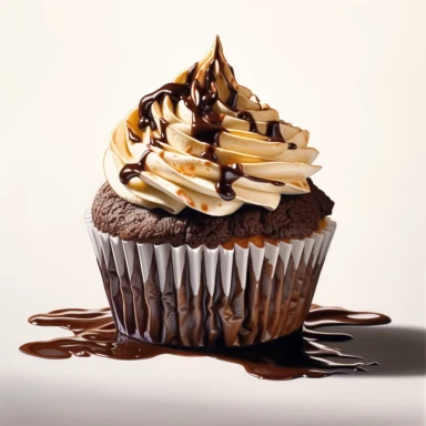 incredible detailed acrylic hyperrealism painted , dark chocolate cupcake with high dark brown glossy cream, white chocolate topping, clipart, hyperrealism, clear picture in high resolution, highlights , white background, appetizing, clear and contrast image, reflections, very detailed drawing, menu illustration, realism, high quality, lighting like in a photo studio, advertising, hd