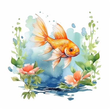 clip art watercolor, a cute fish is jumping in the water of a pond, water, flower and leaf backgruond, colorful watercolor, white background, adult watercolor design, Full HD design, clear fresh design, smooth design, 8k