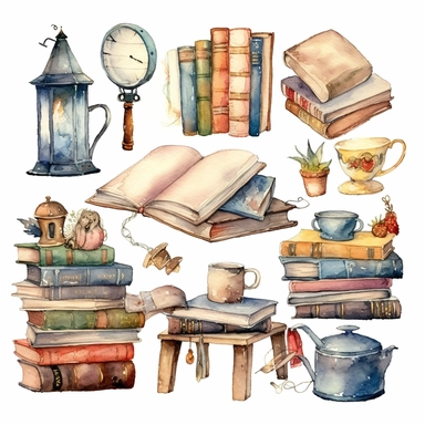 World book day hand drawn watercolor clipart set. Library books collection