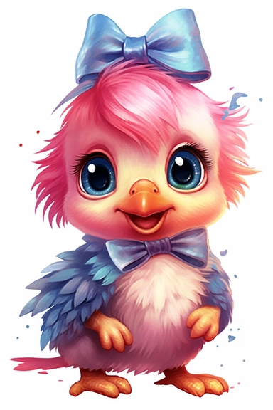 a cute baby bird with big eyes and a pink hair bow, clipart, white background