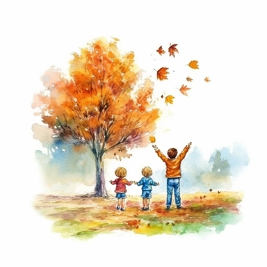 watercolor style, realistic autumn scenery, kids throwing leaves under the autumn tree, kids close up, clipart, isolated on white background, 4K