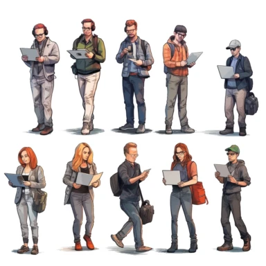 watercolor, Set of professional journalists, copywriters, content managers, and bloggers with laptops, pencils, and books. Concept of computer work, text typing, posting. Cartoon on white background png Full body realistic cartoon in 32K UHD cute. 15 cm thick outline. Black color. There was no shadow on the ground. 8k with realistic watercolors and detailed illustrations. PNG clipart, transparent white background