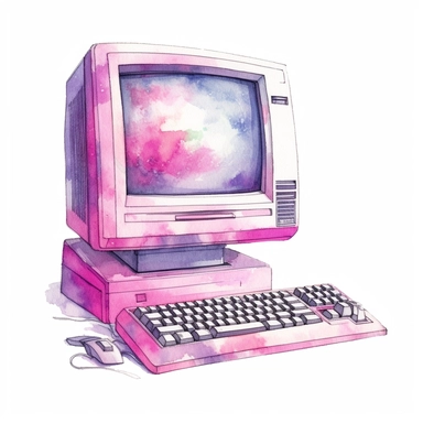 a pink desktop computer from 1990s, in the style of watercolor clipart on plain white background, high definition, 8k, intricate brush details, ink effect