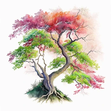 Watercolor, Japanese Maple Tree, old, long branches, Clipart, springtime japanese tree, grass, white background