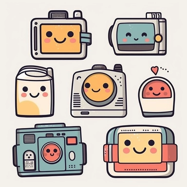 Design a Kawaii-inspired clipart set of cute smiling cameras with round, sparkling lens eyes and a tiny bow on top. Place a speech bubble with the words Say cheese! beside the camera. Add some heart-shaped buttons or shutter buttons for an extra touch of cuteness. This delightful clipart is perfect for photography-related projects or capturing joyful moments. Kawaii.