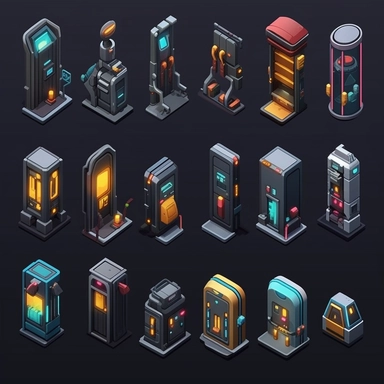 isometric, spritesheet, game assets, futuristic elevator sprites, isometric perspective, game sprite, sci-fi, cute, fun, creative, cartoon, clipart, hyper-detailed, black background