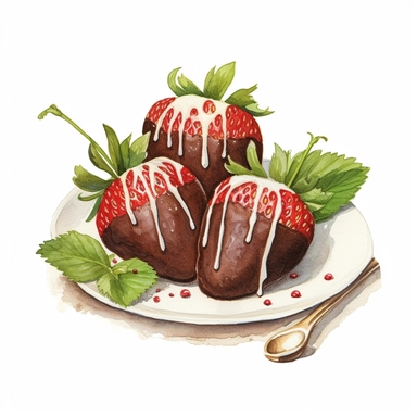 vintage style chocolate covered strawberries with white chocolate drizzle clipart, chocolate covered strawberries, strawberries, vibrant colors, 1960, vintage, watercolor, realistic drawing in storybook illustration, pencil drawing by Angela Barrett, Elsa Beskow, ultrafine detailed, highly detailed, high resolution, 8K, white background