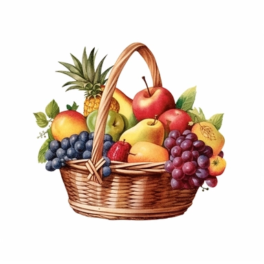 vintage basket full of fruit, watercolor, clip art, white background