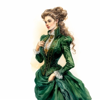 A Victorian lady in a stunning emerald green ensemble, featuring a velvet jacket and a full skirt. Her confident demeanor and captivating gaze exude elegance and sophistication. Against a white background, the intricate details of her Victorian attire, such as the ornate buttons and lace trims, are depicted with remarkable precision, creating a captivating portrait. Clipart, watercolor, white background, intricate detail, unreal engine cinematic smooth