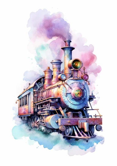 Pastel train, big beautiful locomotive, bursting with steam, Steampunk Clipart, Printable Watercolor, Retro Futuristic, Victorian Era Art Print, colorful, details, high quality 8K, white background