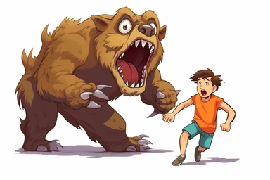 a ferocious bear chasing a terrified little man, clipart, vector hd, on white background