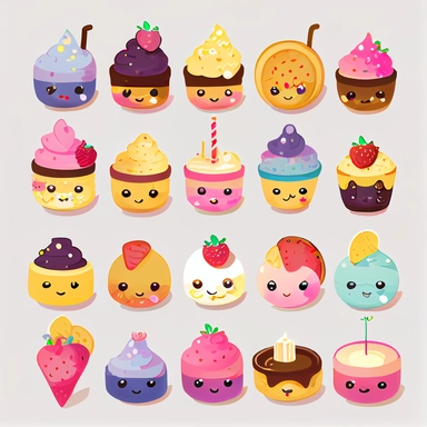 beautiful tiny happy face kawaii desserts, clipart collection, no background, many tiny