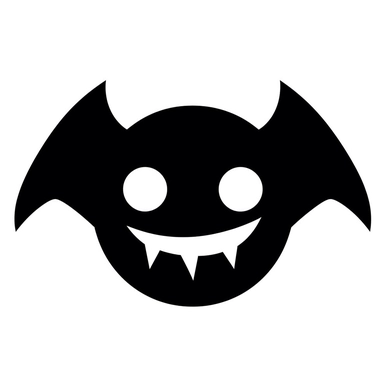 black and white silhouette of a friendly halloween bat icon, clipart style, white background, thick lines, vector, simple design, flat colour, solid colour