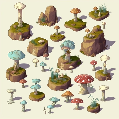 simple mushroom covered boulders, video game asset, isometric, top down, isolated figures, hand drawn, level art, atmospheric effects, spatial concept art, muralist, clipart, ps1 graphics, deconstructed objects, 2d, plain background