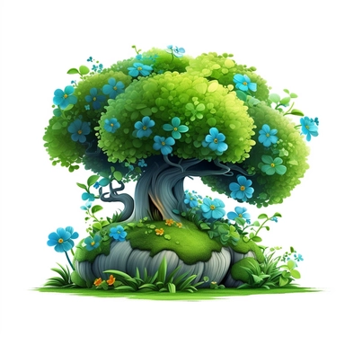 Clipart, cartoon bush in safary, in the style of imax, playful and lighthearted compositions, childlike innocence and charm, light blue and green leaves in the crown of the tree, uhd image, realistic and hyper - detailed renderings, movie still, utilizes, white background