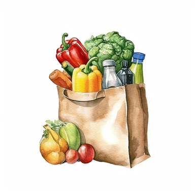 watercolor detailed illustration of Grocery bag with a variety of groceries peeking out, clipart, white background