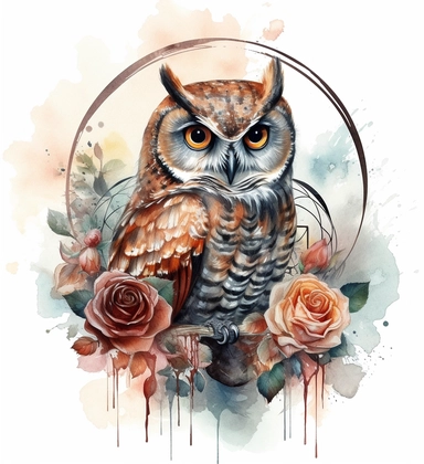 DESIGN A MAGNIFICENT AND EXQUISITE BREATHTAKING ONE-OF-A-KIND HIGH QUALITY HIGHLY DETAILED MASTERPIECE WATERCOLOR CLIPART ILLUSTRATION OF an owl in a circle with roses on the design, in the style of fantastical creatures, grid, white and amber, cybersteampunk, wimmelbilder, gemstone, pictorial dreams, WHITE BACKGROUND