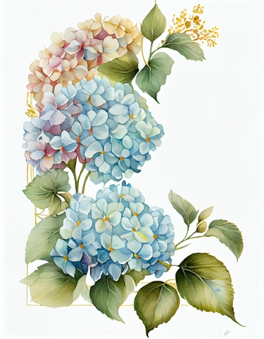 detailed watercolor art of light blue hydrangea flower corner border , isolated on white background, realistic, clipart