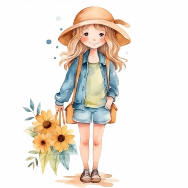 cute girl, clipart, planner girl clipart, cottagecore, watercolor, standing, separated