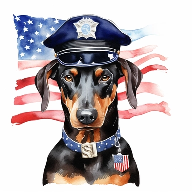 watercolor clipart, happy doberman pinscher, in style policeman, full body, Police Badge, Police Uniform, Duty Belt, police Hat or Cap, background american Flag, white background, hyper detailed, 300 dpi, 8k, high solution, no watermark