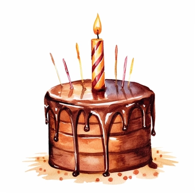 one clipart chocolate birthday cakes with candle on a white background, in the style of Watercolor Clipart, video collages, dark bronze and dark amber, i can't believe how beautiful this is, christcore, clean and simple designs, nikon d850 , no watermark, text, 300 DPI , typography, shapes do not stick together, no text in the picture, on a white background