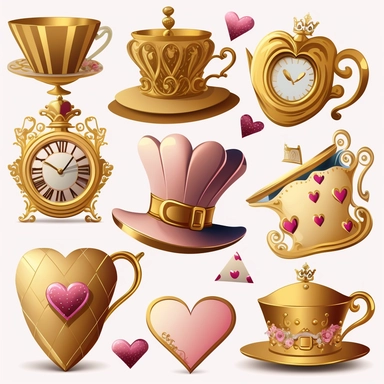 collection of hat , teapot,book, teacup, hearts cards, big crazy hat, gold melting clock , hourglass, queen of hearts , hearts paying cards vector clipart gold and light pink on white background
