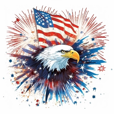 Vector clipart of an American bald eagle carrying an American flag flying in front of a burst of red, white, and blue fireworks. Clean design. White background.