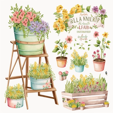 Spring Planters Clipart, springtime cute planter boxes and garden ladders, Sublimation Clipart, on a white background
