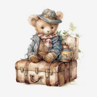 cute baby teddy bear, traveling in luxury antique train with vintage Louis Vuitton suitcases, wearing vintage traveling clothes , sublimation graphics, by Beatrix Potter, Watercolor clipart, single design, print on demand image, PNG transparent background, white background, 8k