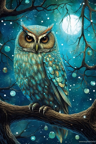 clipart, tarot card, high quality, fantasy forest, owl, full moon, light brown, turquoise, white, glitter, galaxy