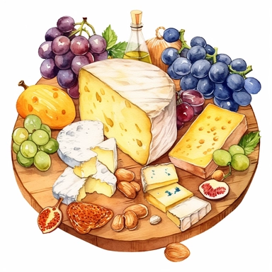 Watercolor cheese platter with wallnuts and grapes and raisins and figs nicely placed along with cheese on a very large wooden flat plate or cutting board, illustrations clipart set, simple, soft colors, cartoon elements, different variants, cheese from around the world, wooden elements, separate elements with a margin