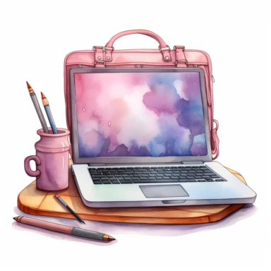 Back to school Watercolor Clipart, A Laptop computer, girly,pink themed , single object, highly detailed, hand drawn watercolor illustration ,png transparent background, white background for removing background - - no text shadow font watermark