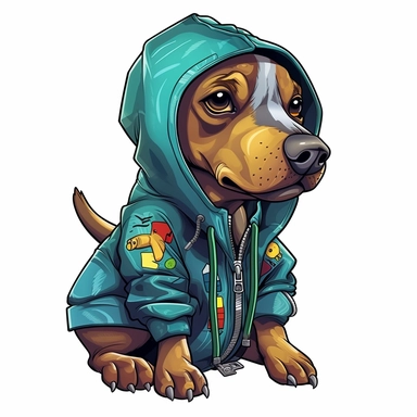 very detailed cutout design of Hip hop dog, laid flat on white background, full color, vector illustration, flat comic style, Sublimation Clipart ,Cartoon,hyper realistic, intricate detail, illustration style,high solution,on the white background