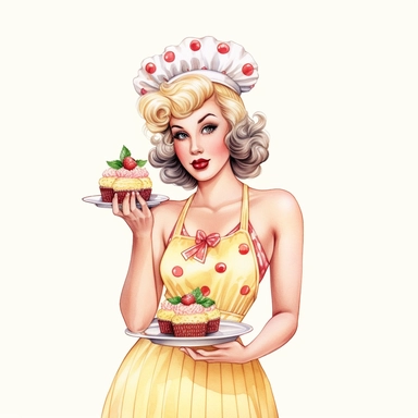 Hand drawn pin up woman, wearing a yellow bakers hat, pink and white striped apron, holding lemonade cake with lemons, with strawberries and blossoms, glamorous, half body, very detailed and realistic, watercolor, white background with margins, clipart style